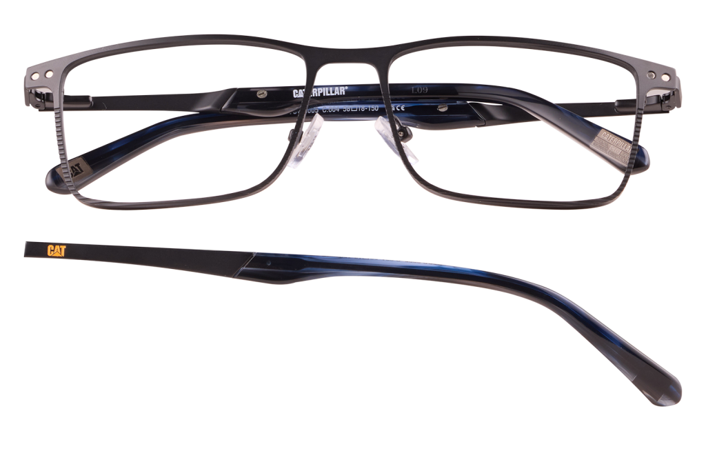 Black rectangular eyeglasses with metal frame and blue temple arms, Caterpillar branding visible on the temples.
