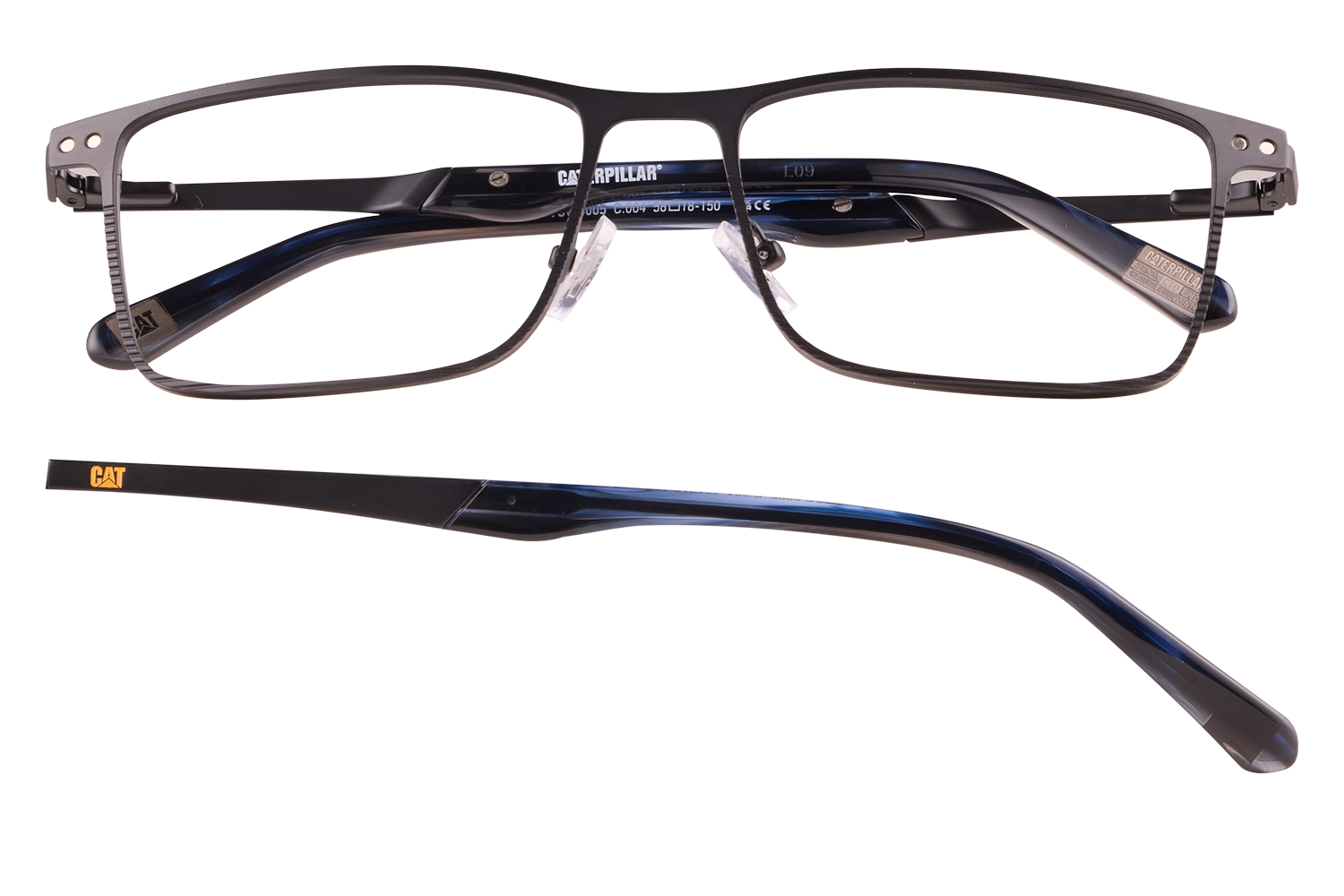 Black rectangular eyeglasses with metal frame and blue temple arms, Caterpillar branding visible on the temples.