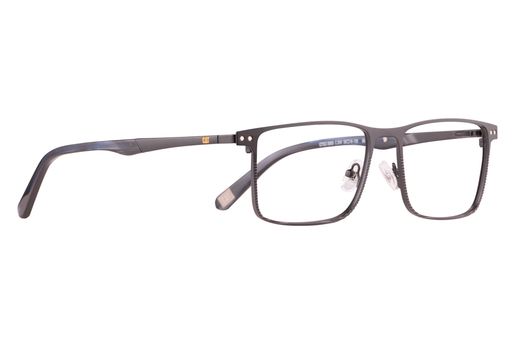 Black rectangular eyeglasses with clear nose pads and a matte frame, CAT logo on the temple.