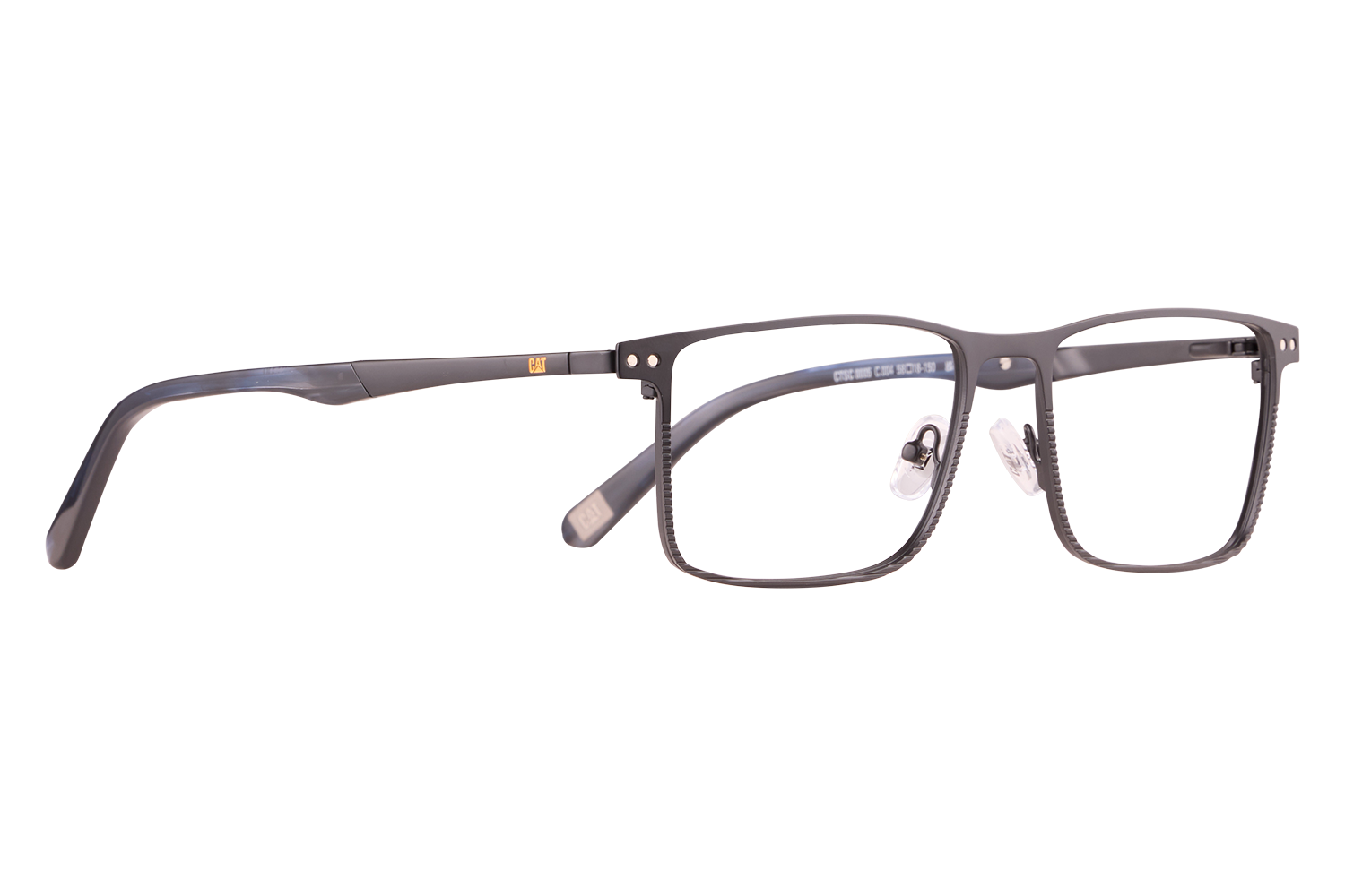 Black rectangular eyeglasses with clear nose pads and a matte frame, CAT logo on the temple.