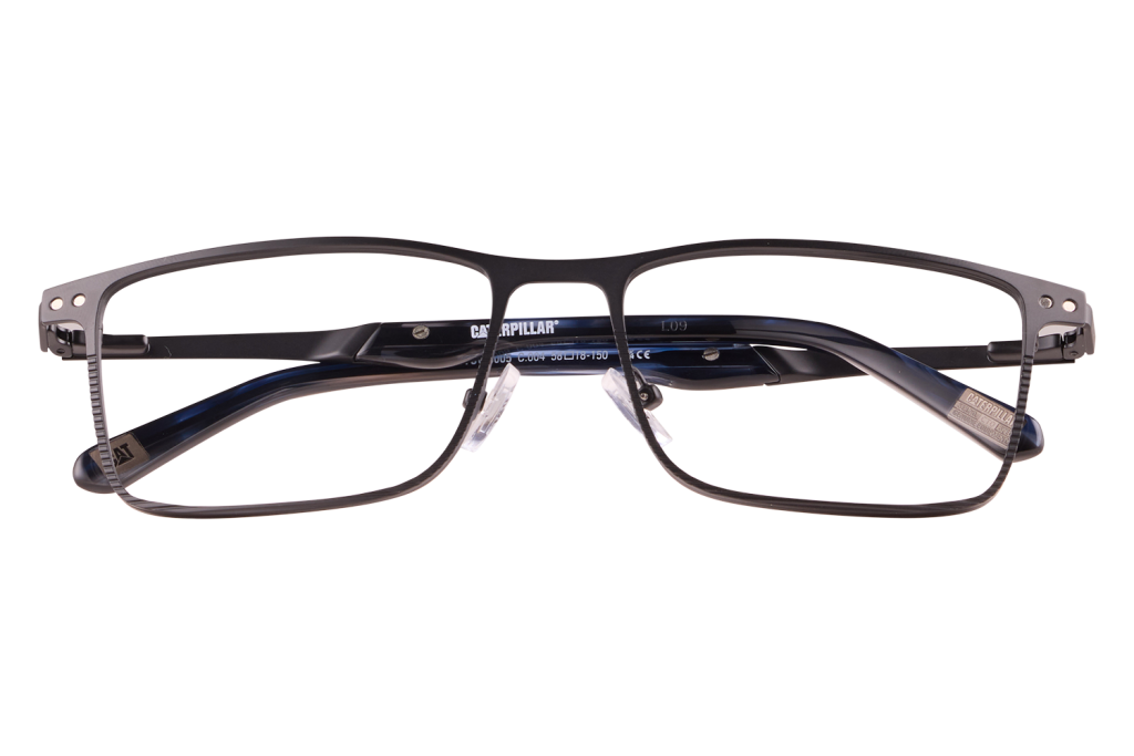 Black rectangular eyeglasses with a metal frame on a clear display stand (Caterpillar brand visible on the temple).