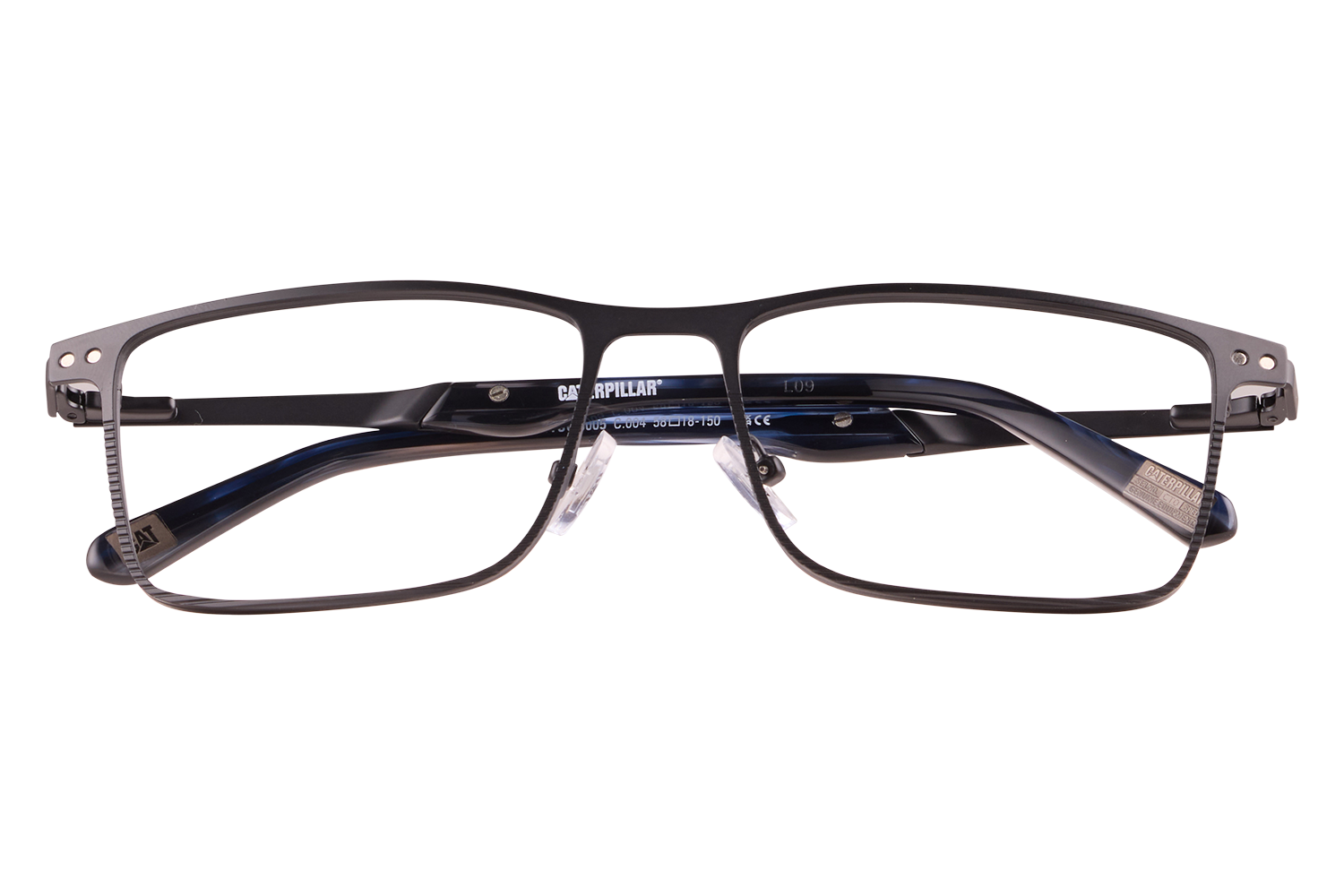 Black rectangular eyeglasses with a metal frame on a clear display stand (Caterpillar brand visible on the temple).