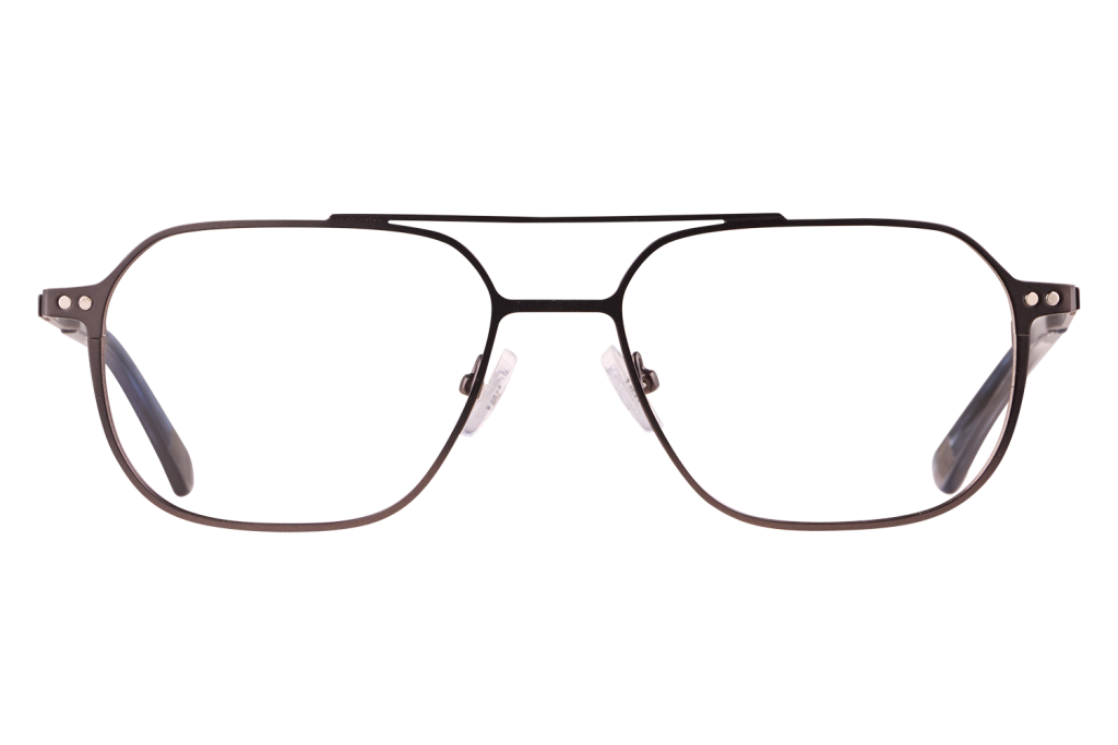 Front view of black metal eyeglasses with adjustable nose pads on a neutral background.