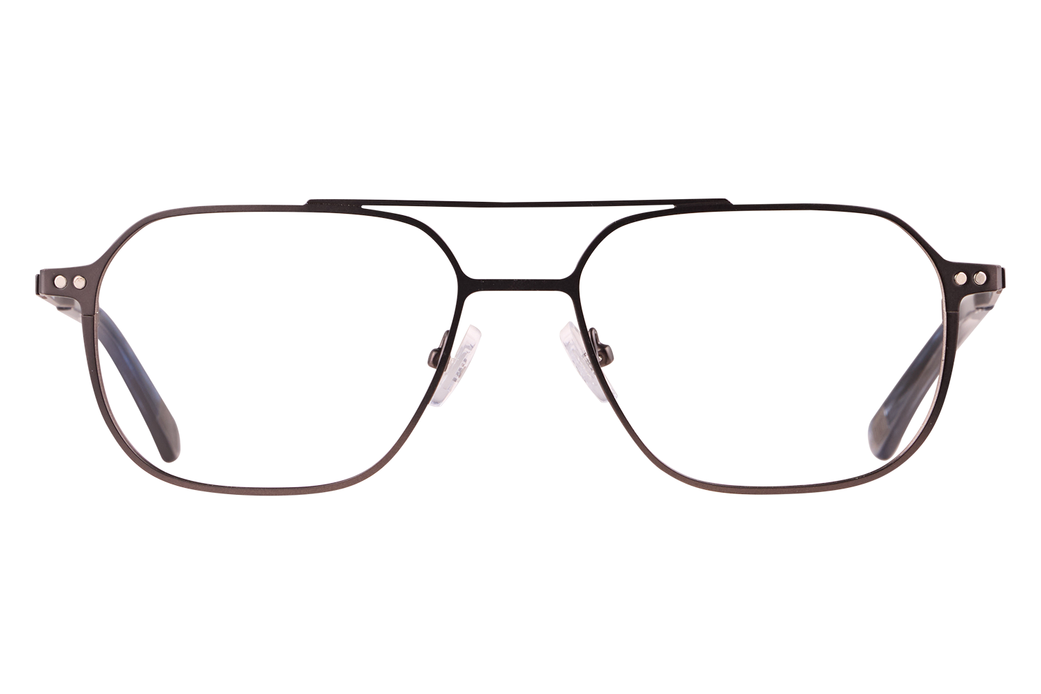 Front view of black metal eyeglasses with adjustable nose pads on a neutral background.