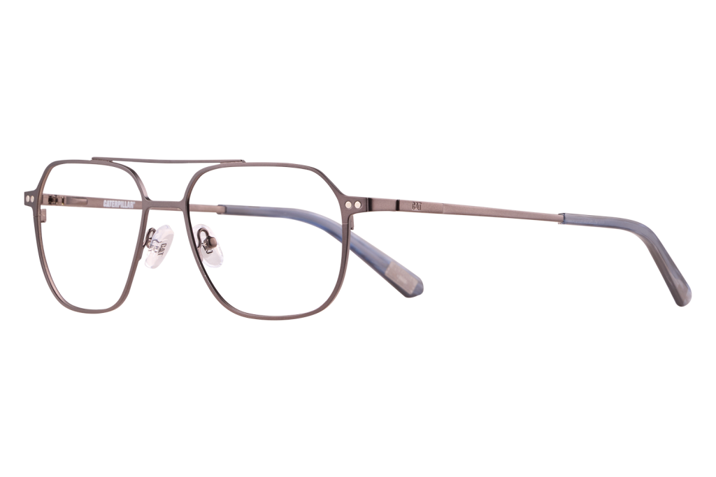 Metal rectangular eyeglasses with clear nose pads and blue temple tips laid on a white surface.