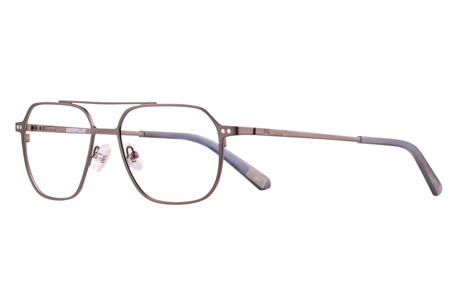 Metal rectangular eyeglasses with clear nose pads and blue temple tips laid on a white surface.