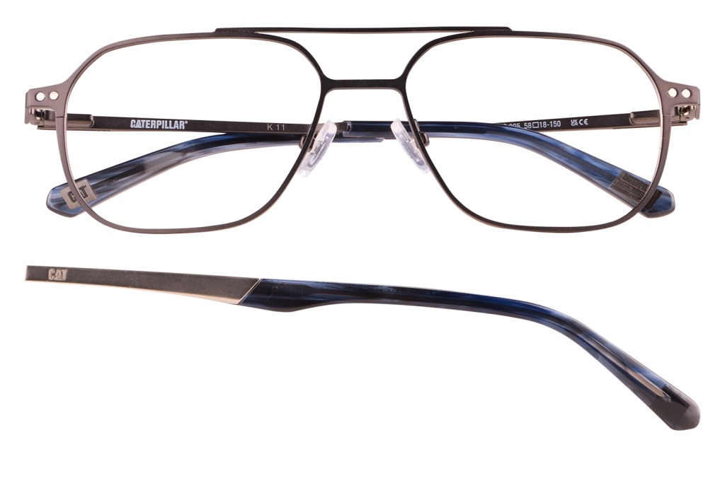 Pair of metal eyeglasses with dark rims and blue temple arms, front and side views; Caterpillar branding on temples.
