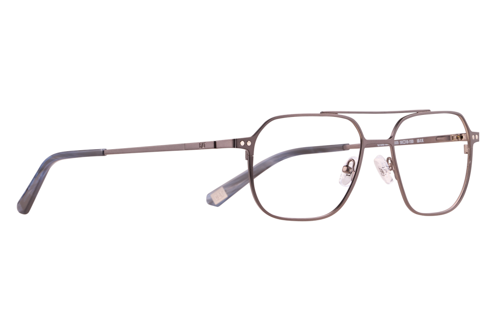 Close-up of gray metal rectangular eyeglasses with clear nose pads lying on a light surface