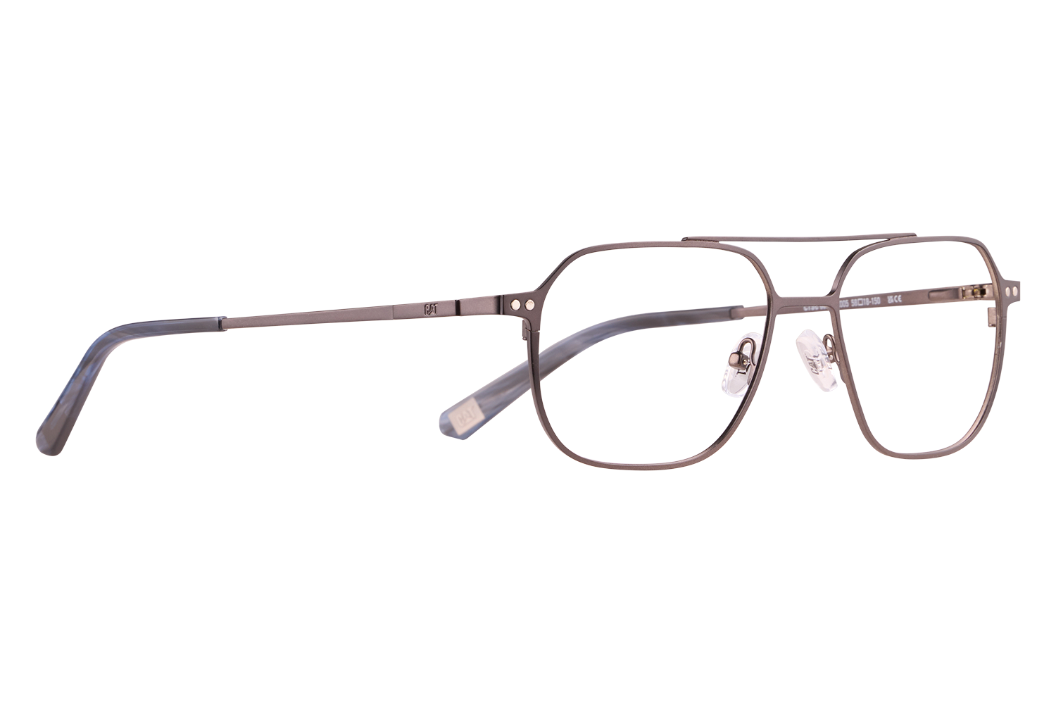 Close-up of gray metal rectangular eyeglasses with clear nose pads lying on a light surface