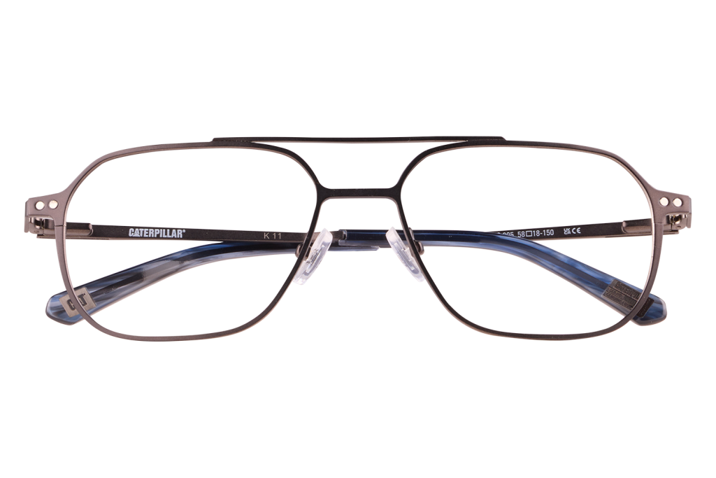 Metal Caterpillar eyeglasses with a double-bridge frame resting on a clear stand, front view showing black/gray frame and blue temples.