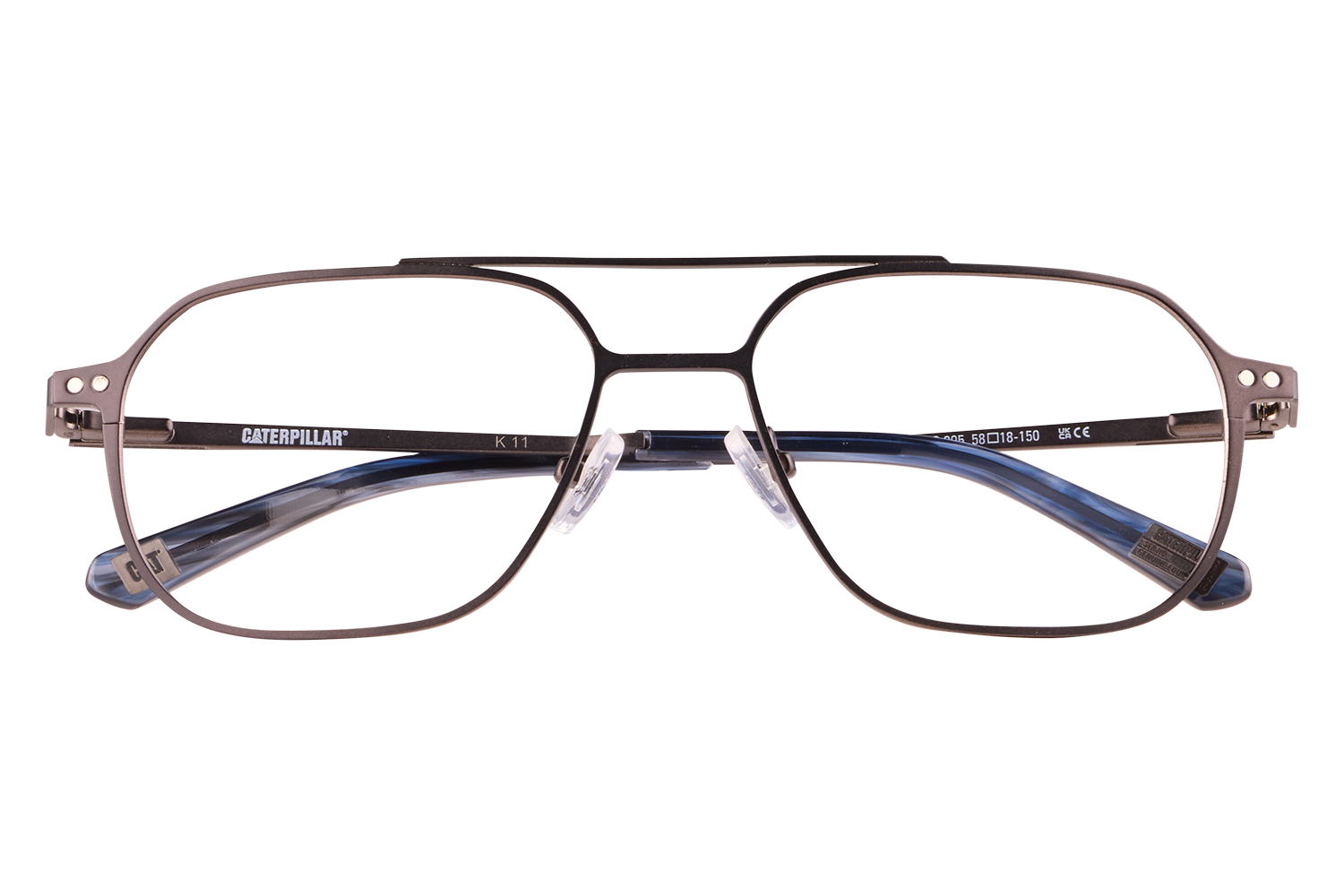 Metal Caterpillar eyeglasses with a double-bridge frame resting on a clear stand, front view showing black/gray frame and blue temples.