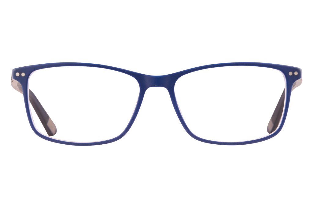 Blue plastic eyeglasses seen from the front, laying on a white surface (full-frame).