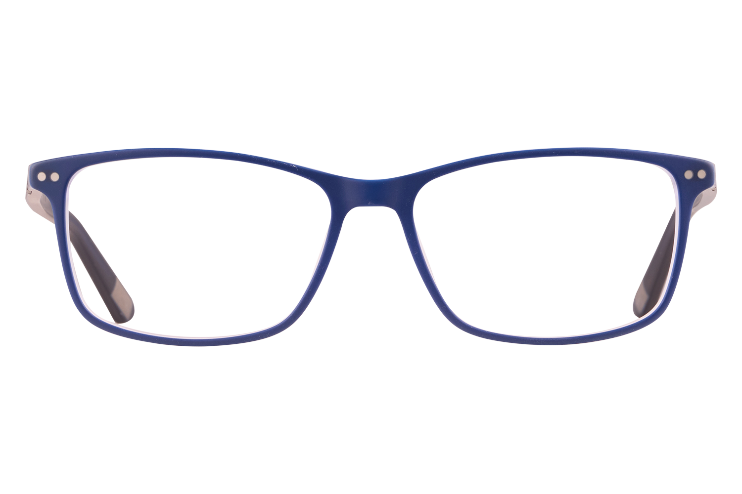 Blue plastic eyeglasses seen from the front, laying on a white surface (full-frame).