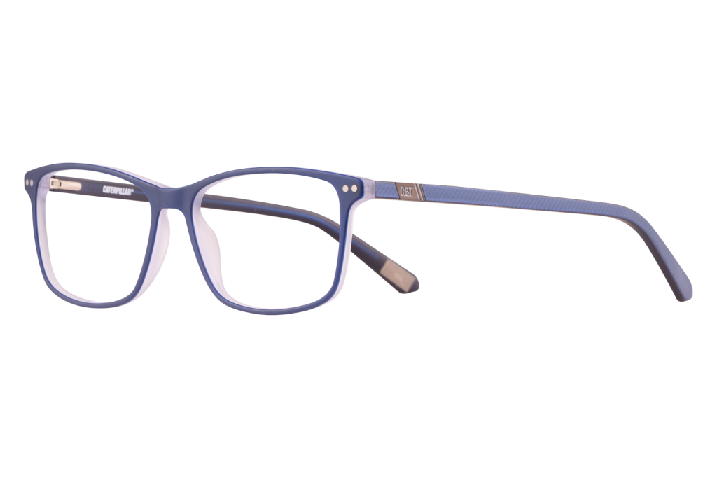 Blue rectangular eyeglasses lying on a white surface, CAT branding on the temple.