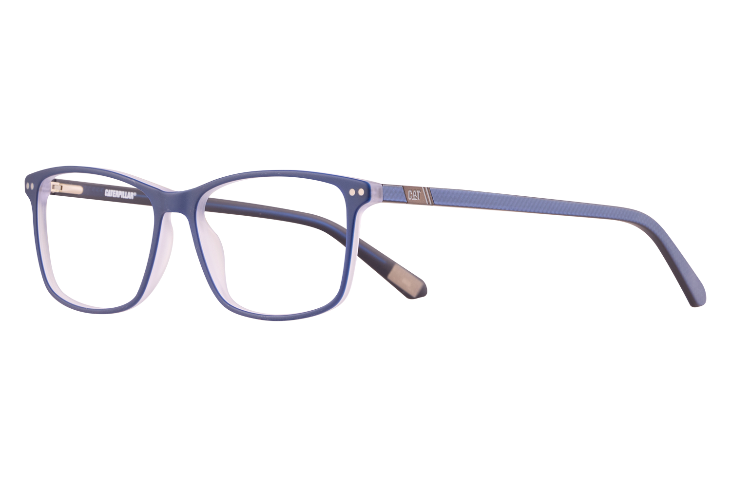 Blue rectangular eyeglasses lying on a white surface, CAT branding on the temple.