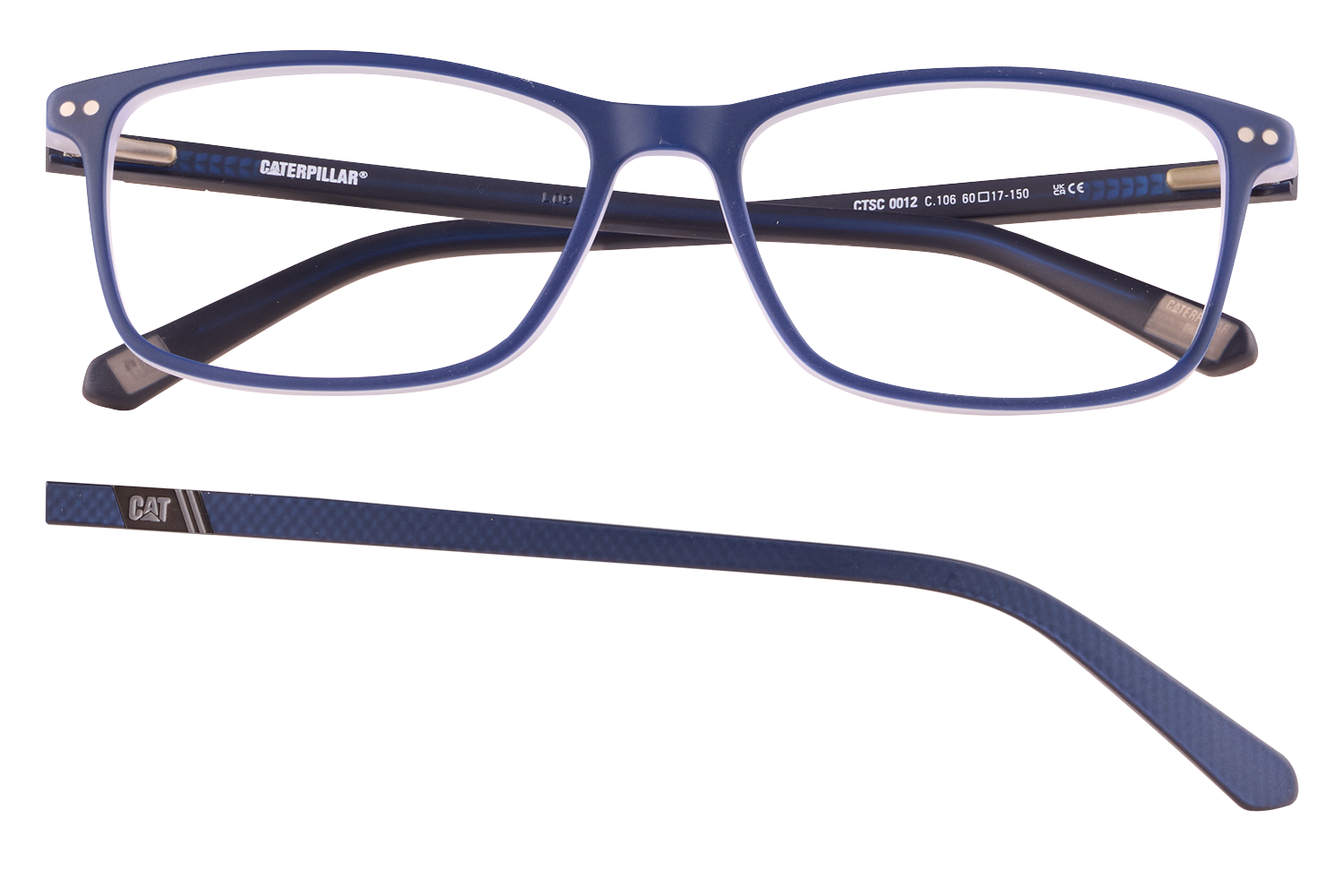 Blue plastic eyeglasses with rectangular frames and Caterpillar branding on the temples; front view with one temple visible across the top and a matching blue temple below.