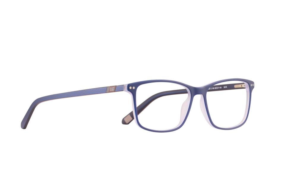 Blue rectangular eyeglass frame with blue arms, showing the CAT logo on the temple.