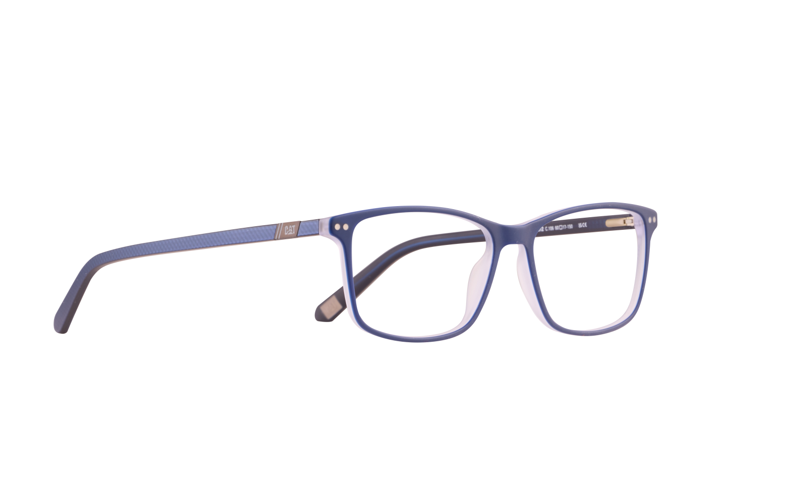 Blue rectangular eyeglass frame with blue arms, showing the CAT logo on the temple.