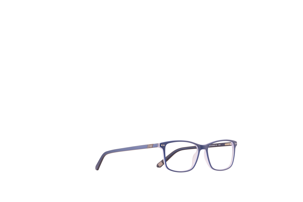 Blue rectangular eyeglasses with translucent rims, close-up on a black background.