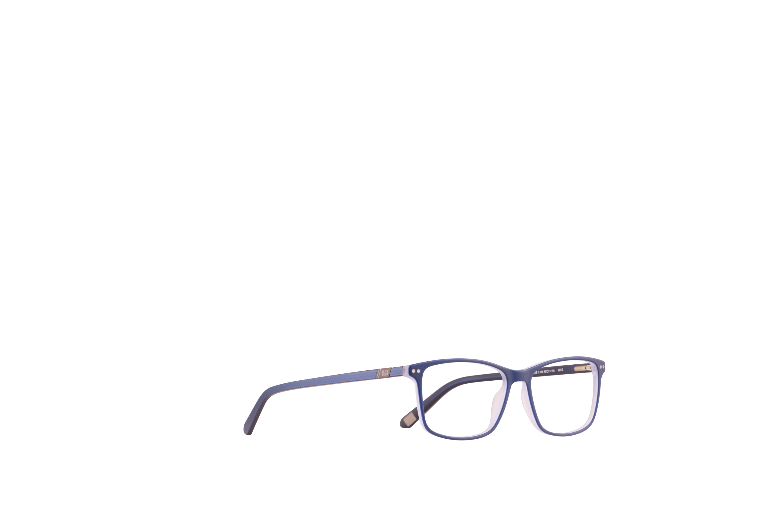 Blue rectangular eyeglasses with translucent rims, close-up on a black background.