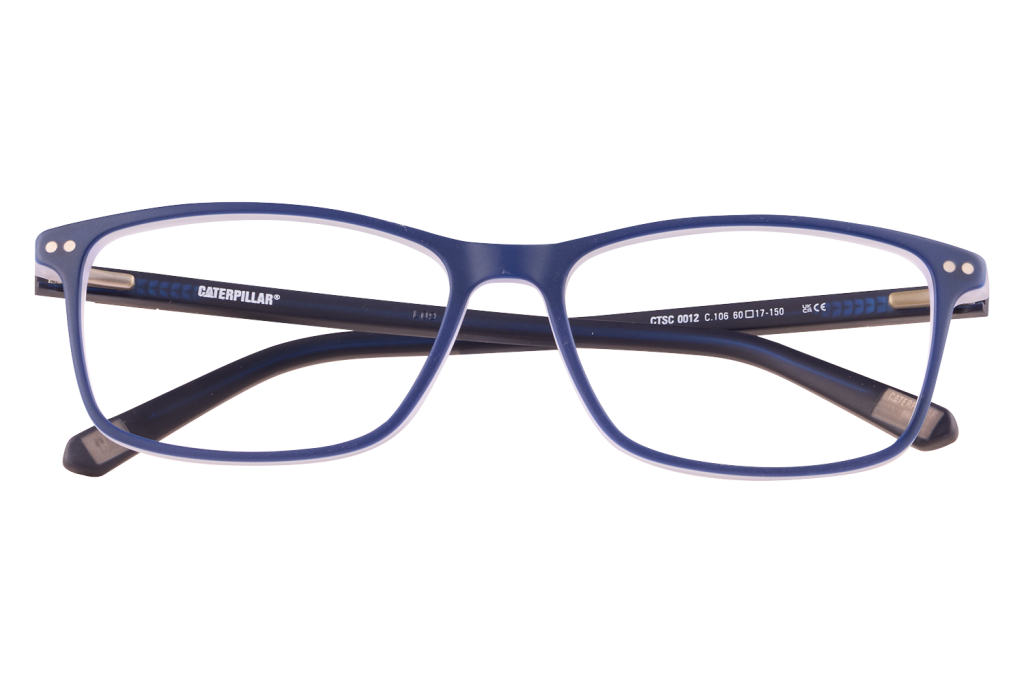 Blue rectangular eyeglasses with dark temples and 'CATERPILLAR' branding on the arms on a white background.