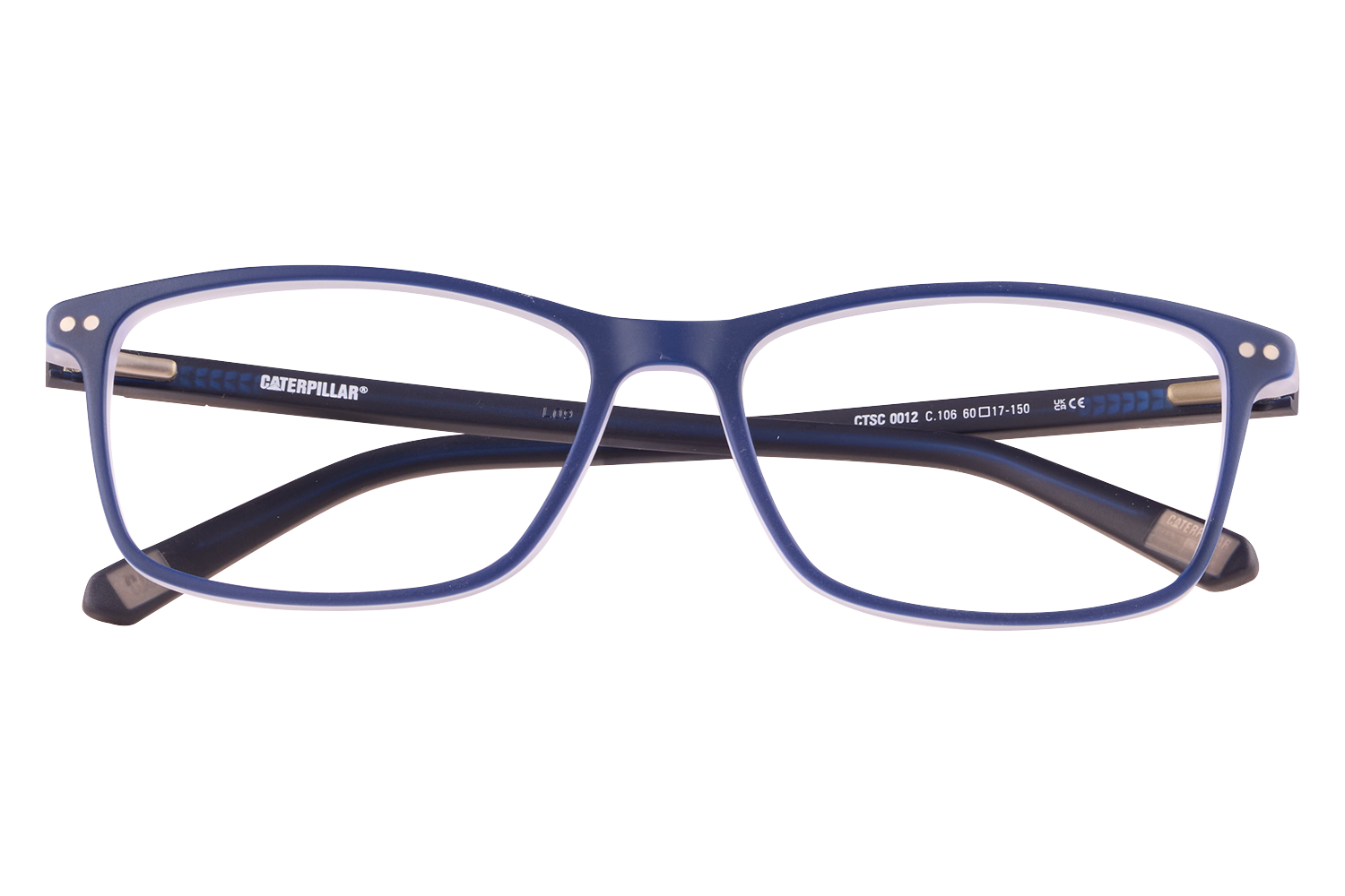 Blue rectangular eyeglasses with dark temples and 'CATERPILLAR' branding on the arms on a white background.