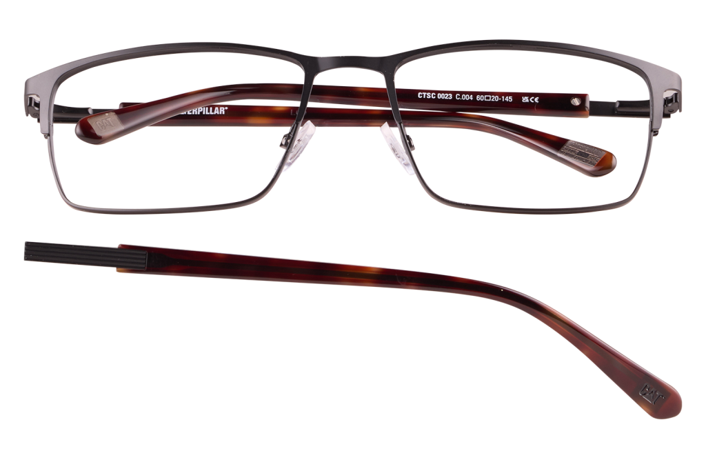 Rectangular metal-frame eyeglasses with tortoiseshell temples and a detachable temple arm laid underneath them (CAT eyewear)