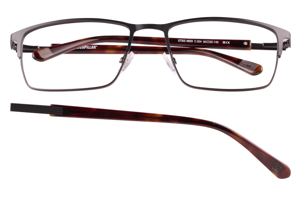 Rectangular metal-frame eyeglasses with tortoiseshell temples and a detachable temple arm laid underneath them (CAT eyewear)