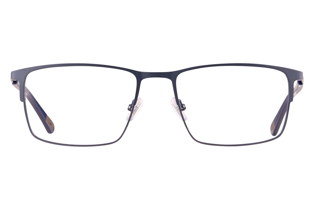 Front view of blue metal eyeglasses with clear nose pads on a plain background?