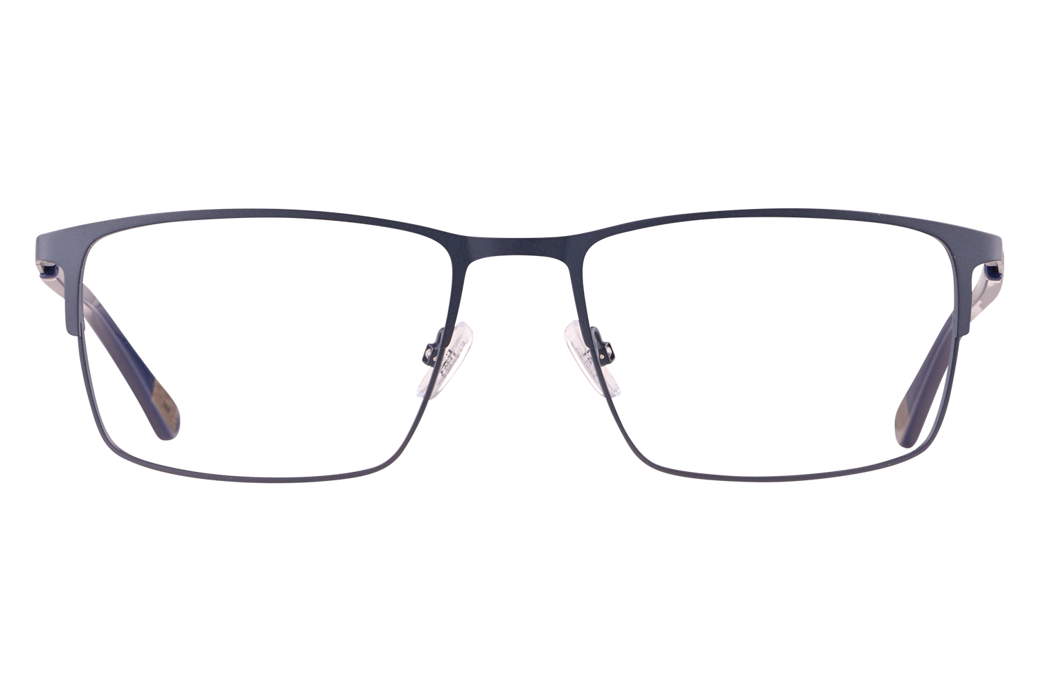 Front view of blue metal eyeglasses with clear nose pads on a plain background?