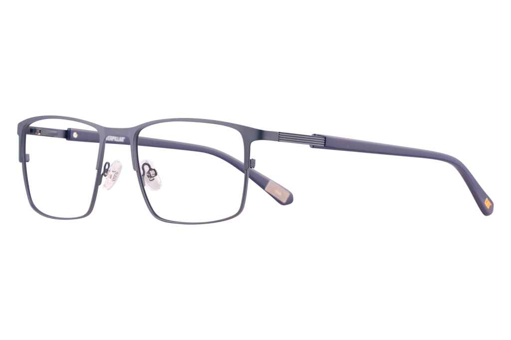 Blue rectangular eyeglasses with clear nose pads, viewed from the side showing the frame and temple detail.