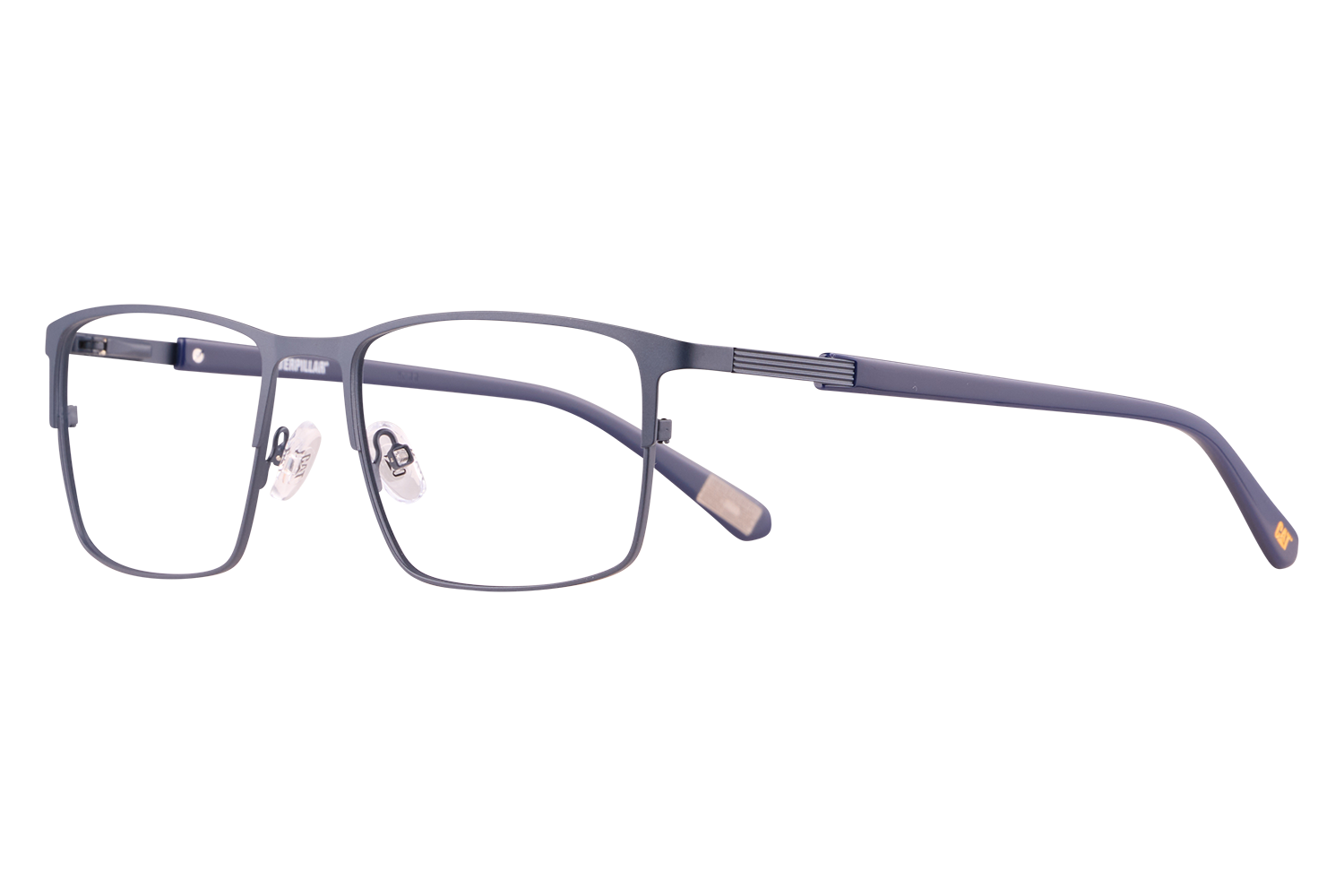 Blue rectangular eyeglasses with clear nose pads, viewed from the side showing the frame and temple detail.