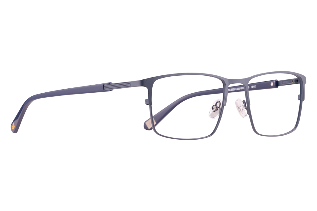 Blue rectangular eyeglasses with clear nose pads on a light surface.