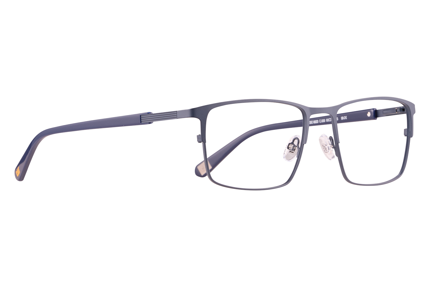 Blue rectangular eyeglasses with clear nose pads on a light surface.