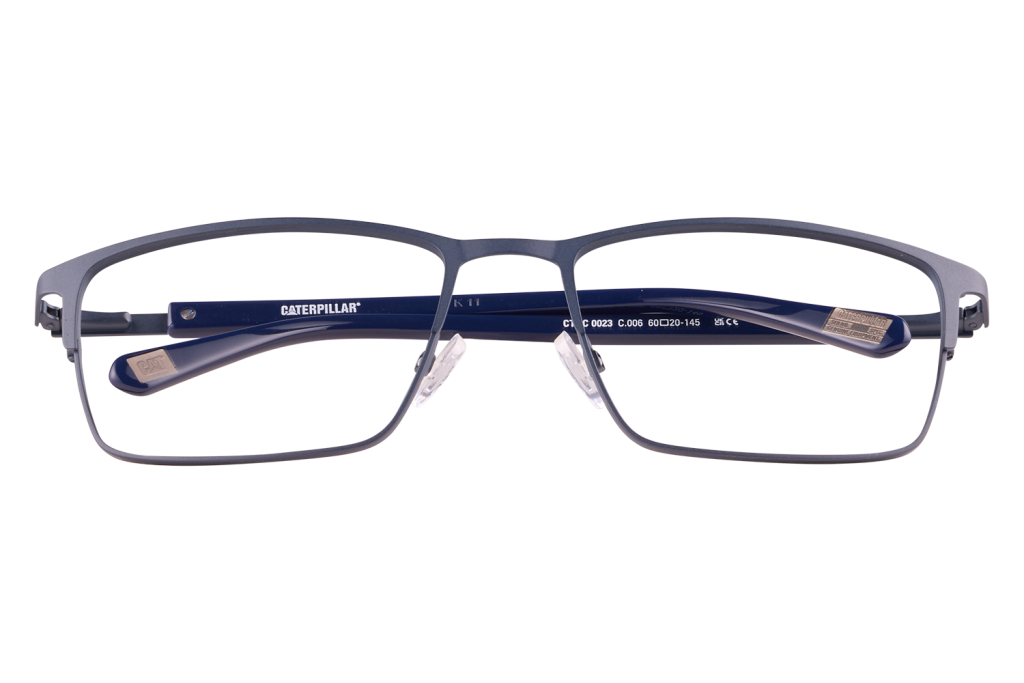 Blue Caterpillar eyeglasses front view on a clear stand, showing rectangular metal frame and branded temples