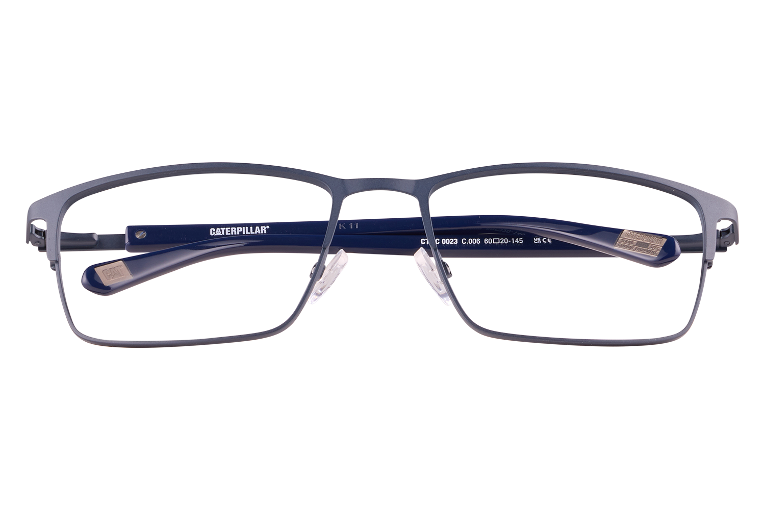 Blue Caterpillar eyeglasses front view on a clear stand, showing rectangular metal frame and branded temples