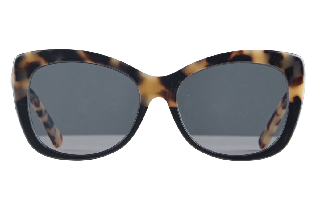 Oversized tortoiseshell sunglasses with dark lenses, front view.