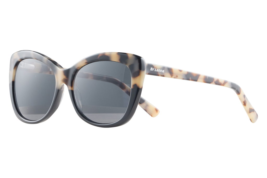 Tortoiseshell oversized square sunglasses with dark lenses; 'Brianna' printed on the temple arm.