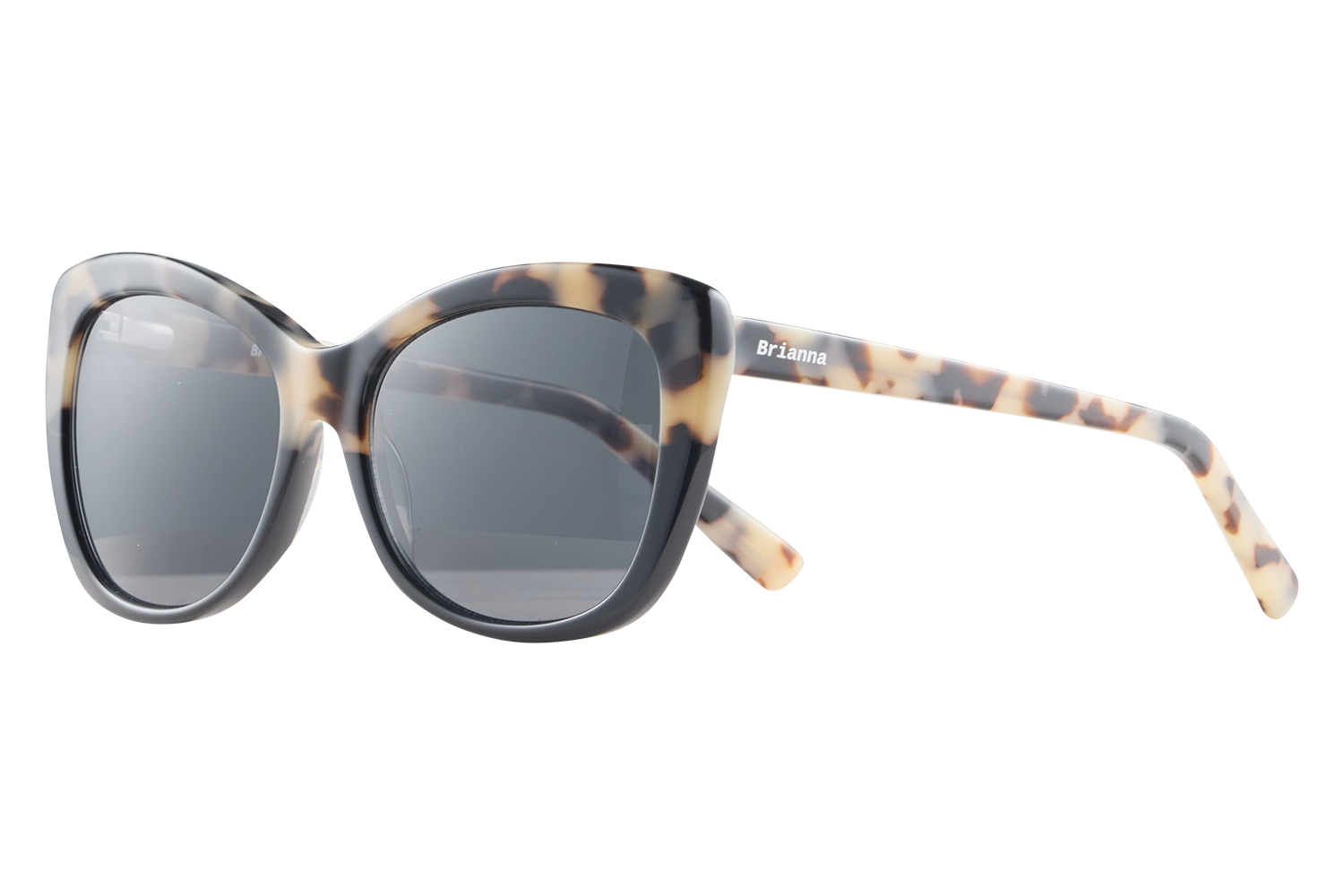 Tortoiseshell oversized square sunglasses with dark lenses; 'Brianna' printed on the temple arm.