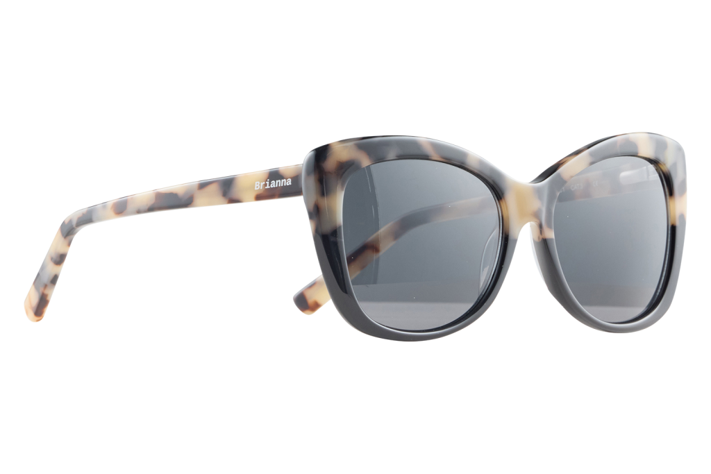 Tortoiseshell sunglasses with dark lenses and the word 'Brianna' on the temple arm.
