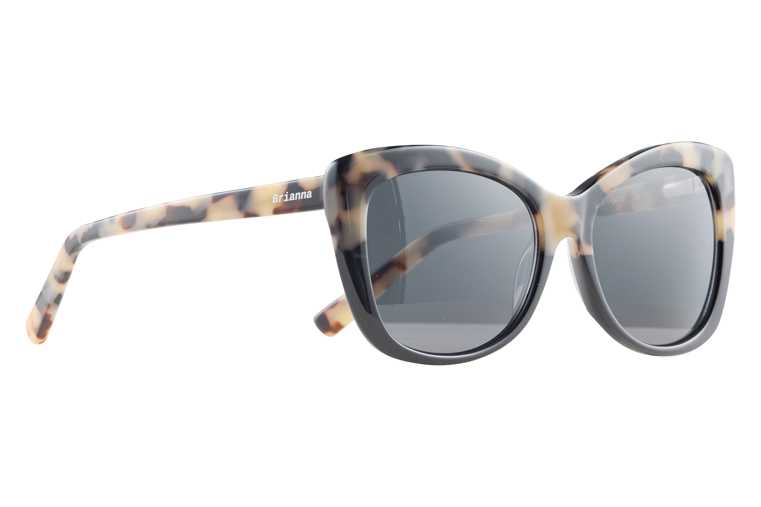 Tortoiseshell sunglasses with dark lenses and the word 'Brianna' on the temple arm.
