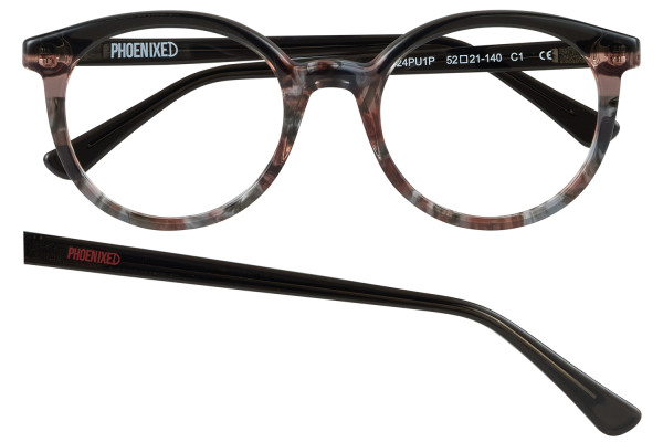 Tortoiseshell round eyeglasses with clear frames and a detached temple arm showing the PHOENIXED branding on the temple slot.