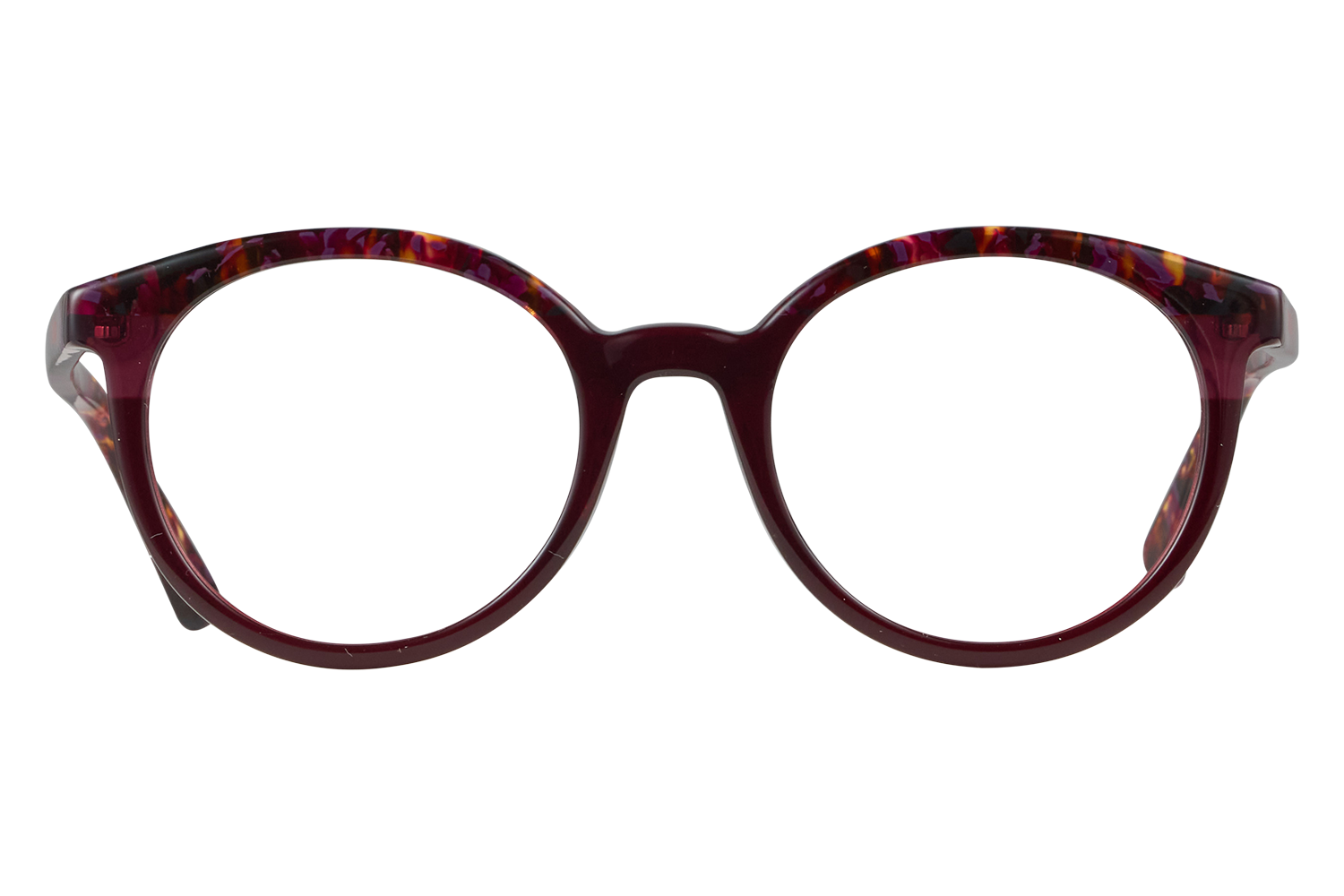 Red tortoiseshell eyeglasses with large round frames facing forward on a light surface, close‑up view