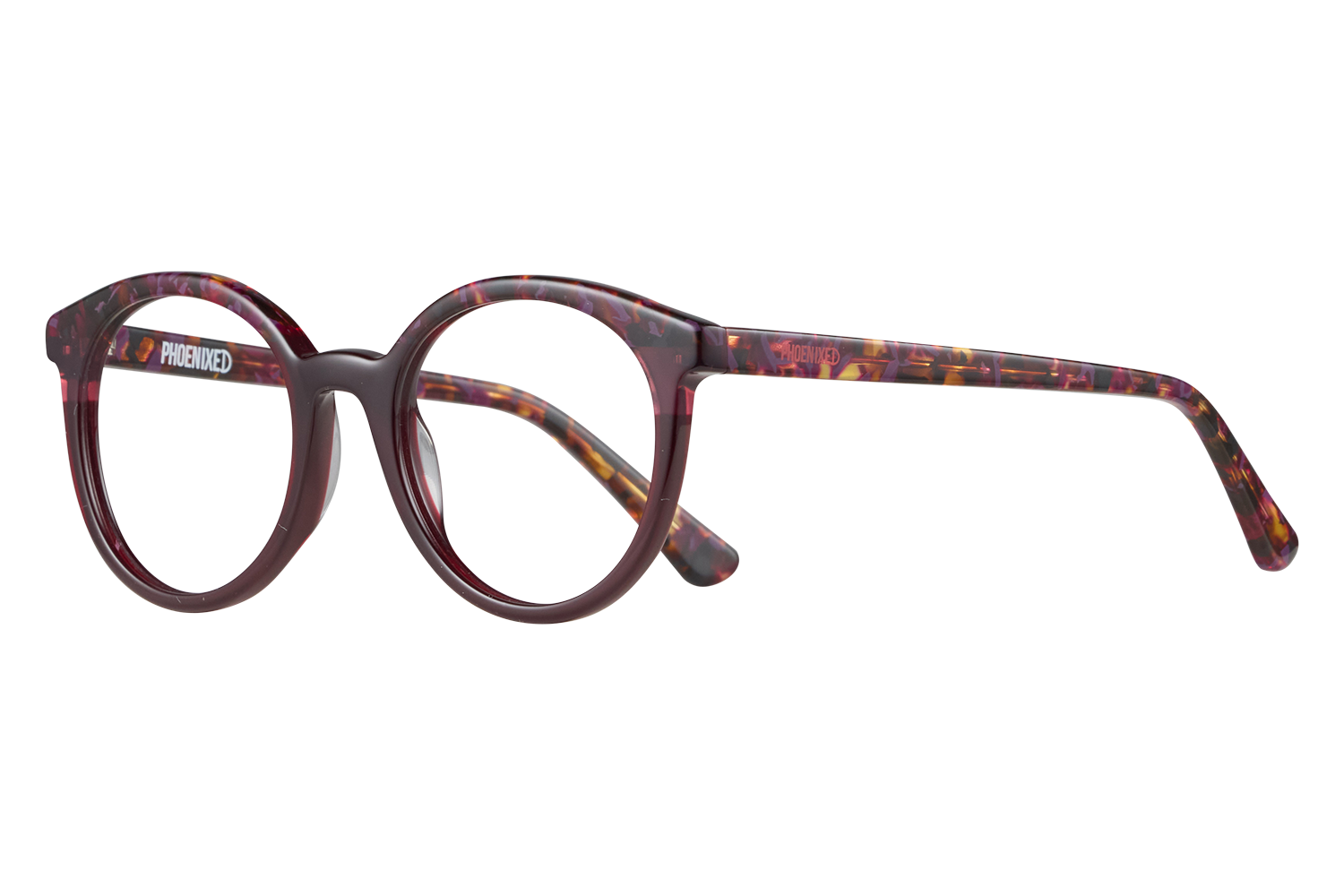 Round burgundy tortoiseshell eyeglasses with patterned temples on a gray surface. (informative)