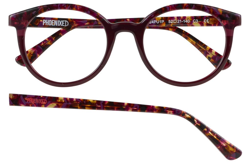 Purple tortoiseshell eyeglasses with round frames and matching colorful temples, brand name PHOENIXED visible on the inside arm.