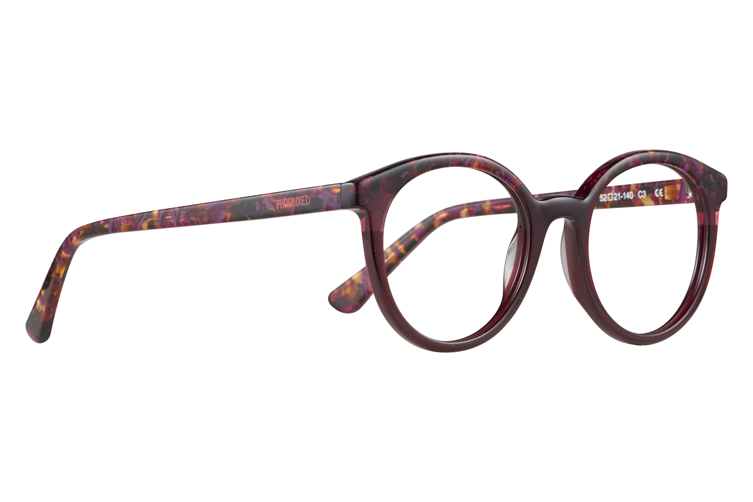 Purple round eyeglasses with colorful patterned temples laid flat on a gray background.