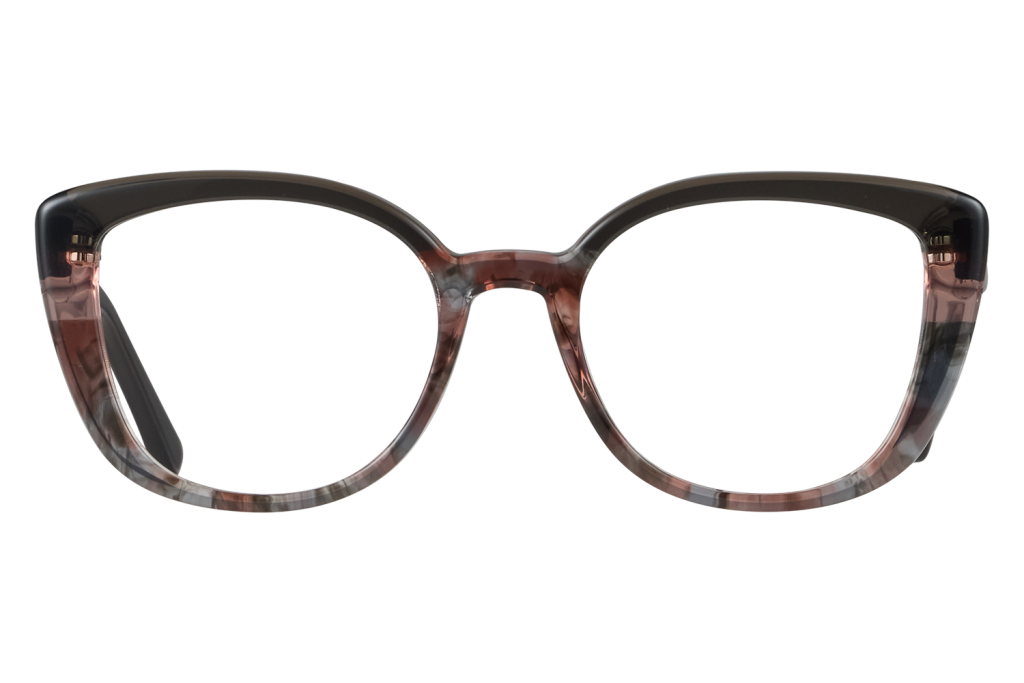 Front view of tortoiseshell eyeglasses with pink-brown translucent frame on a gray background.