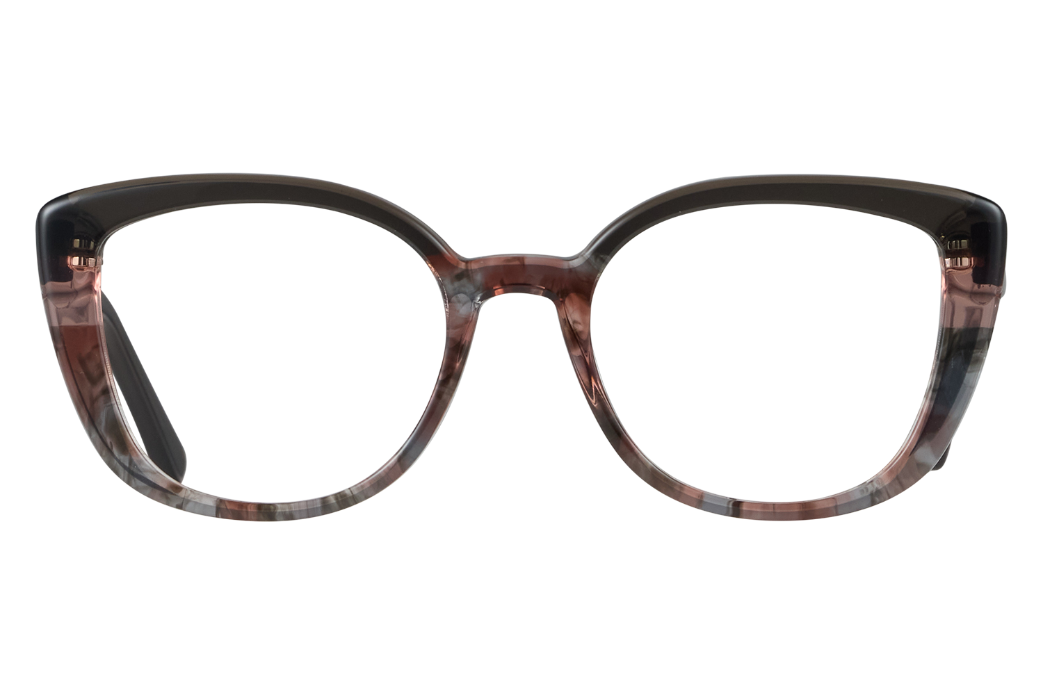 Front view of tortoiseshell eyeglasses with pink-brown translucent frame on a gray background.