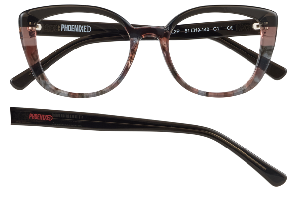 Brown tortoiseshell eyeglasses with thick frames; 'PHOENIXED' branding visible on the inside of the temple.