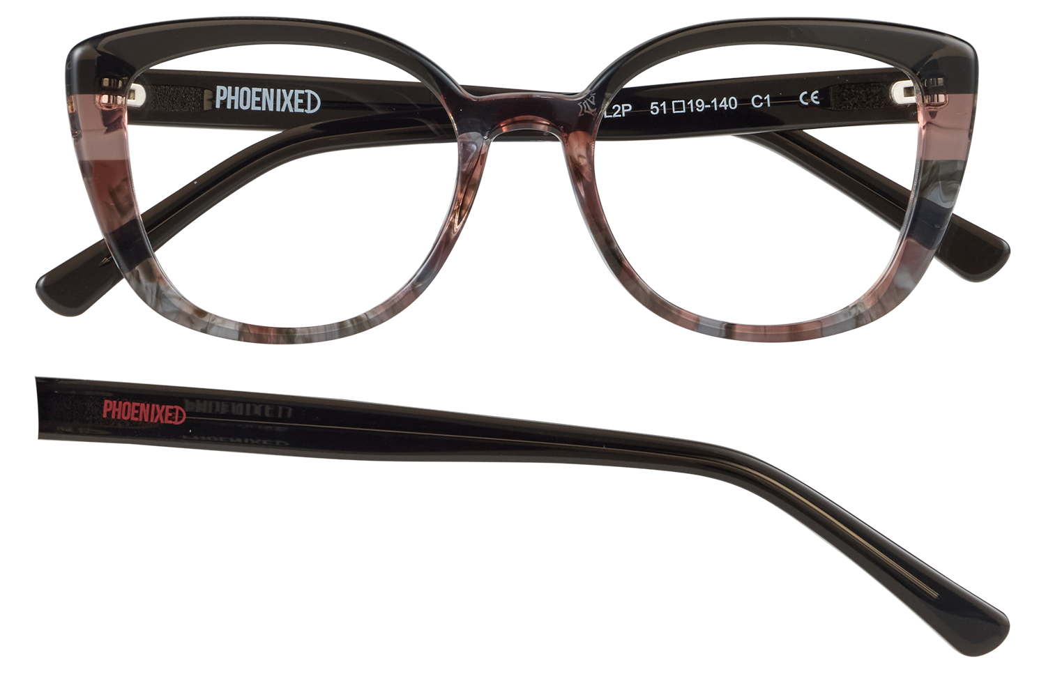 Brown tortoiseshell eyeglasses with thick frames; 'PHOENIXED' branding visible on the inside of the temple.